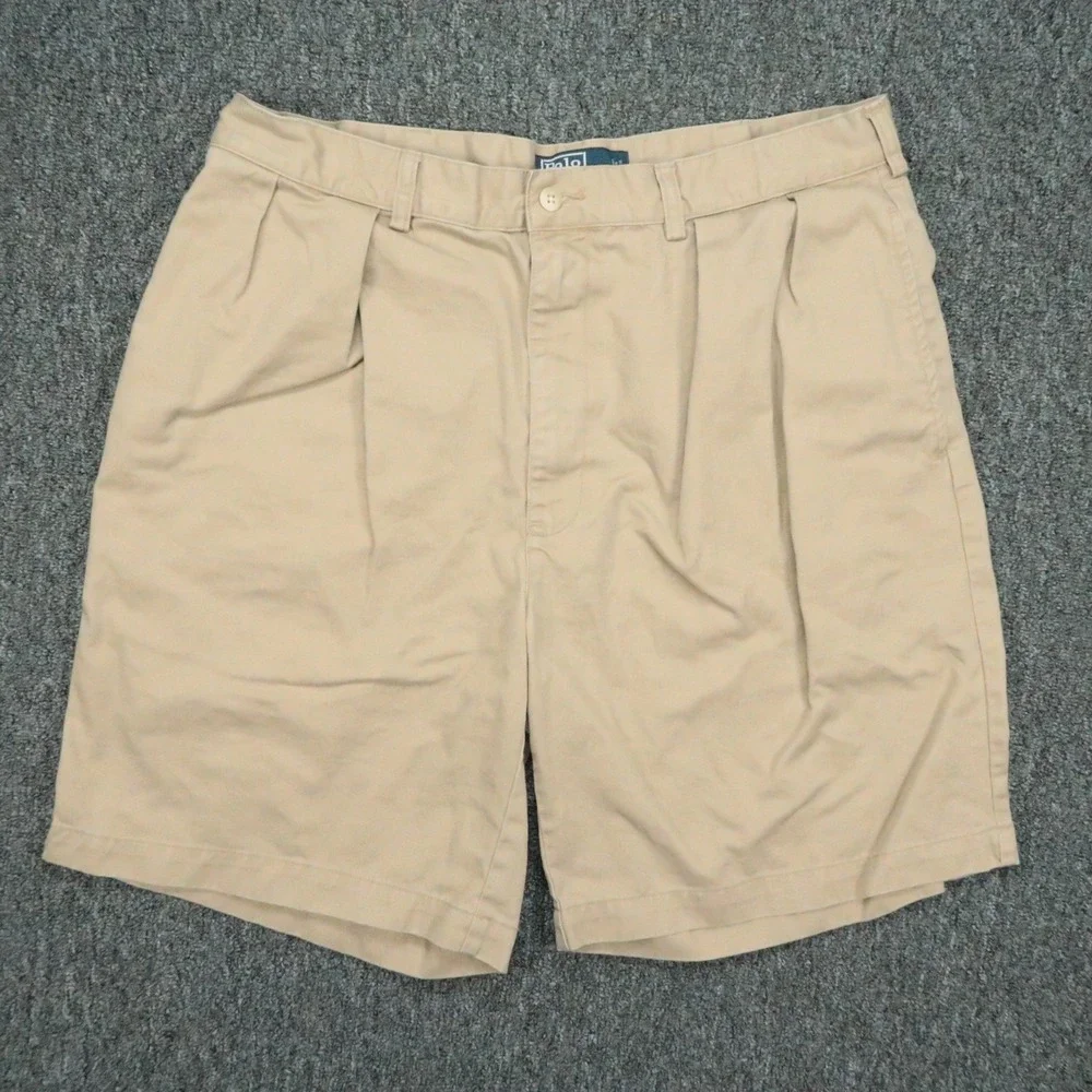 VINTAGE Polo Ralph Lauren Shorts Mens 34 Beige Tyler Chino Double Pleat Classic